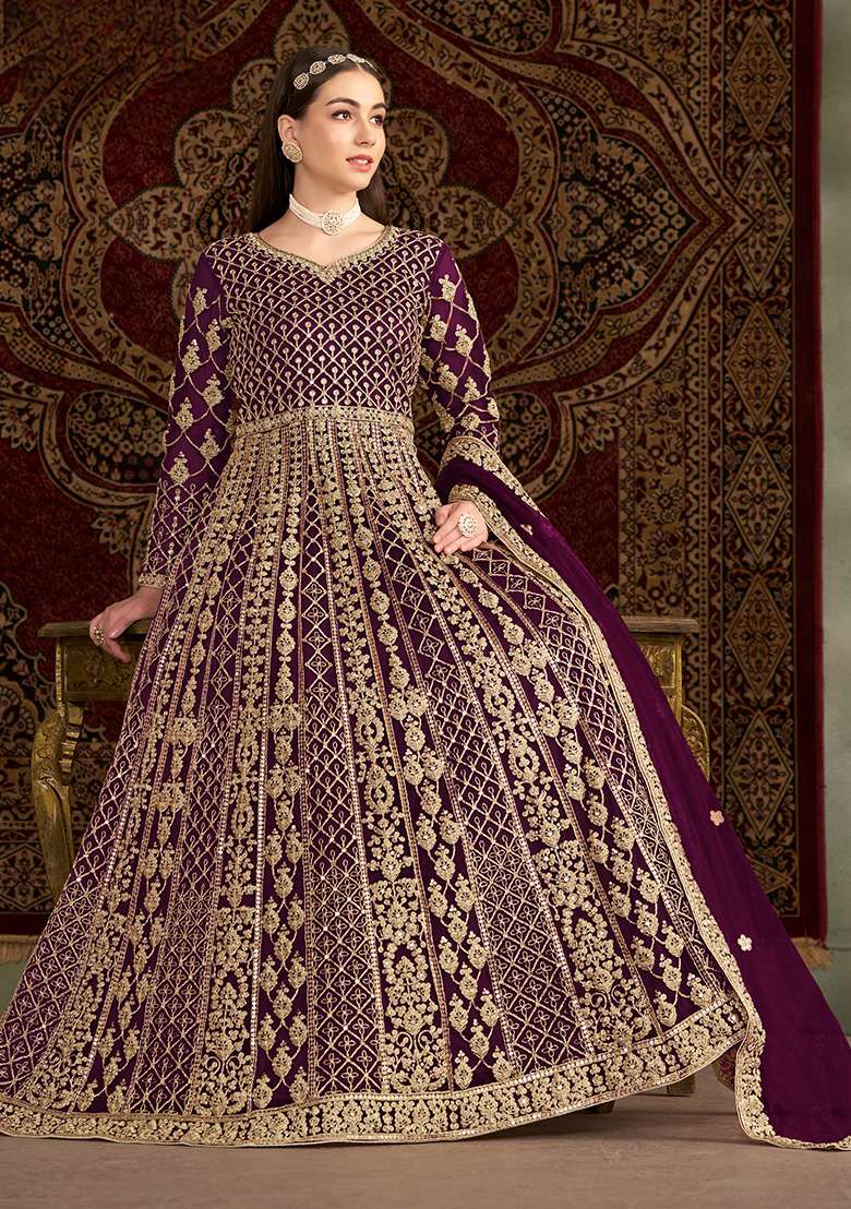 Purple Embroidered Net Anarkali Set - Indya