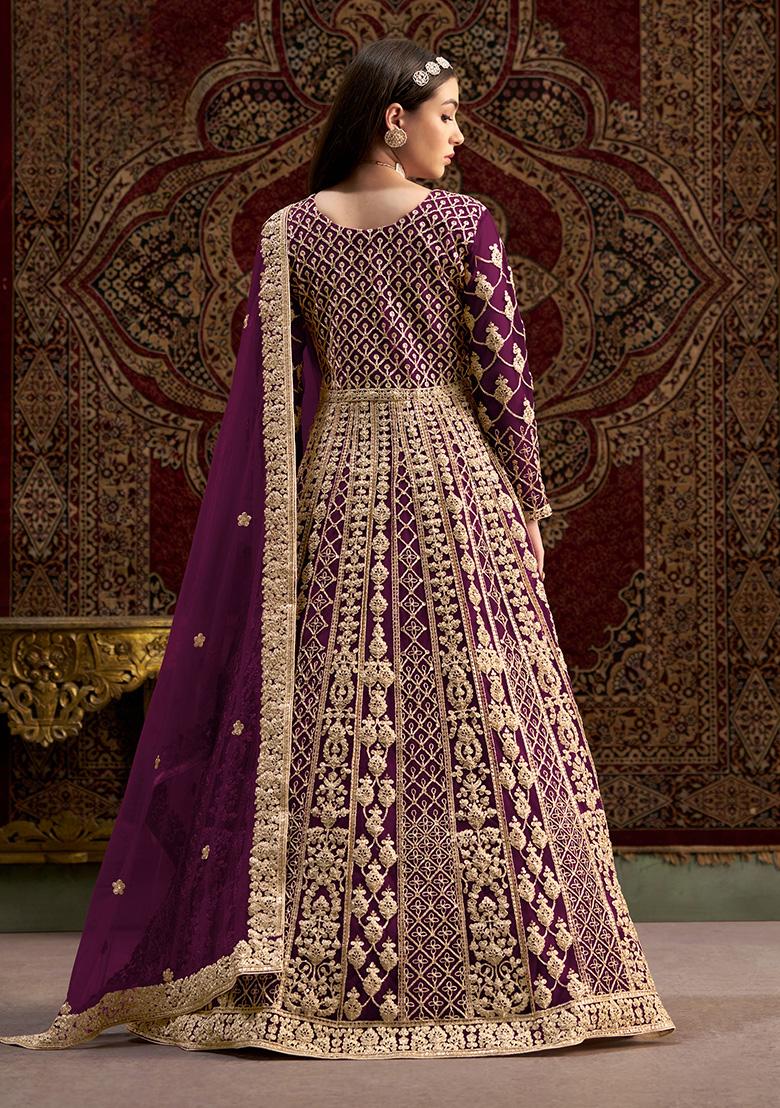 Purple Embroidered Net Salwar Suit - Indya