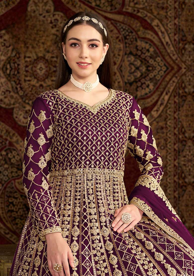 Purple Embroidered Net Anarkali Set - Indya