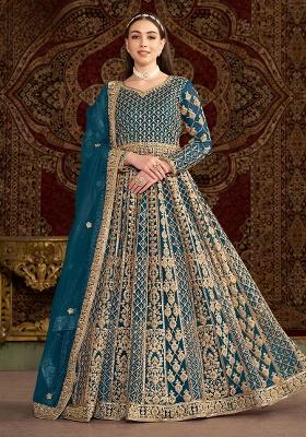 Teal Embroidered Net Anarkali Set