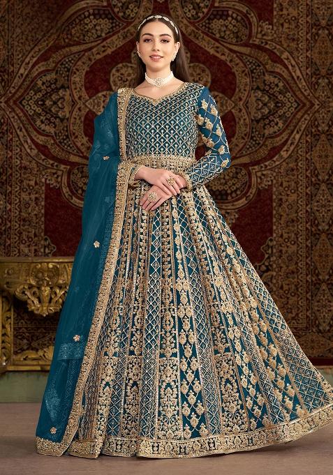 Teal Embroidered Net Anarkali Set — view on Indya
