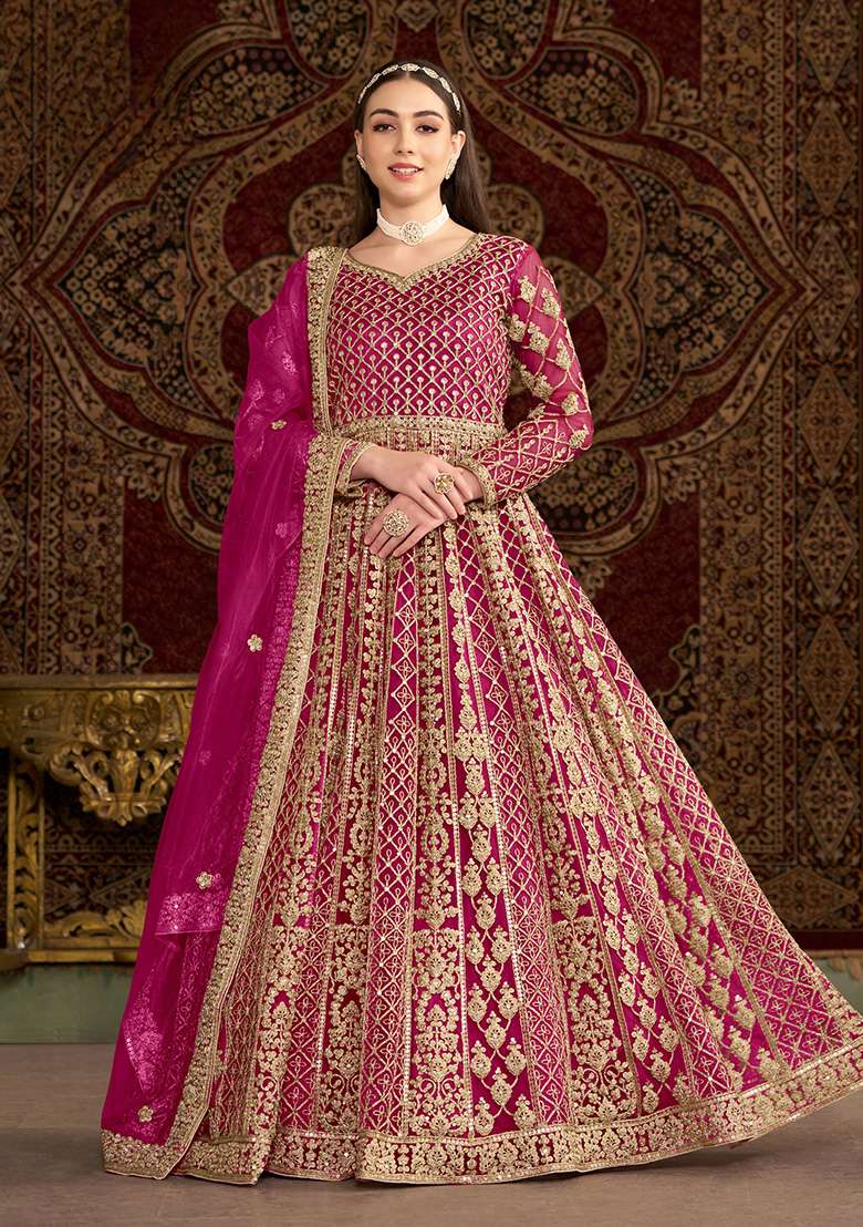 Rani Pink Embroidered Net Anarkali Set - Indya