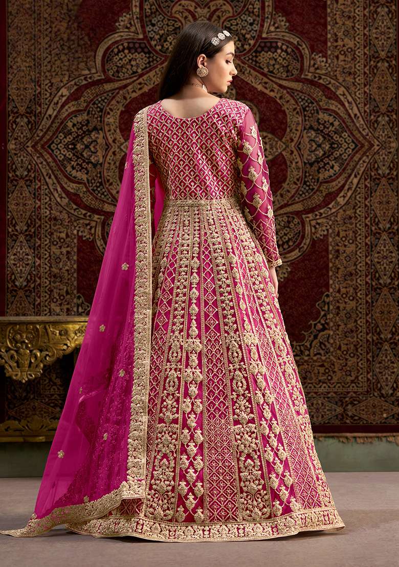Rani Pink Embroidered Net Anarkali Set - Indya