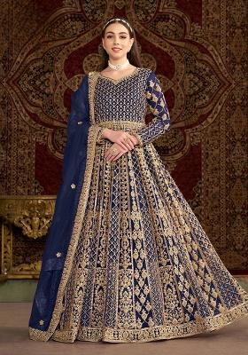 Navy Blue Embroidered Net Anarkali Set