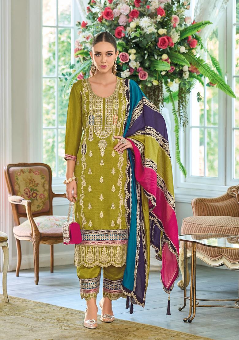 Green Embroidered Silk Salwar Suit - Indya