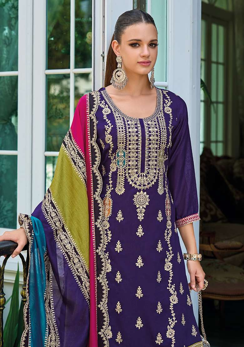 Purple Embroidered Silk Blend Punjabi Suit - Indya