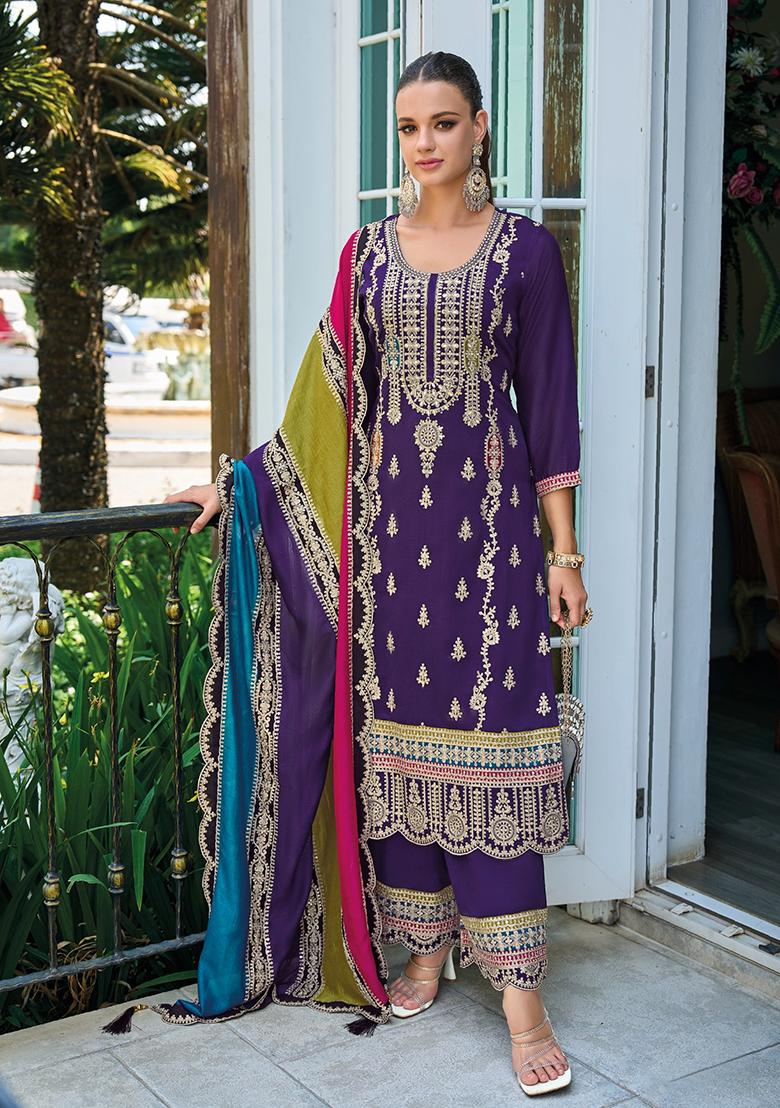 Purple Embroidered Silk Salwar Suit - Indya