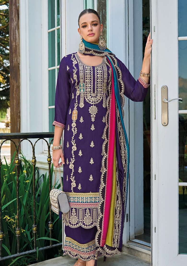 Purple Embroidered Silk Blend Punjabi Suit - Indya