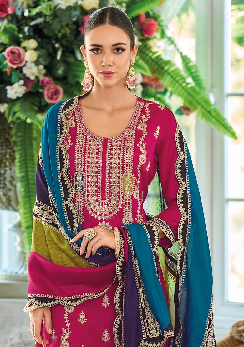 Pink Embroidered Silk Salwar Suit - Indya