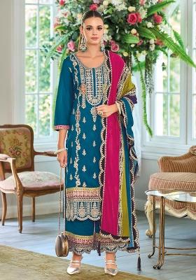 Teal Embroidered Silk Salwar Suit