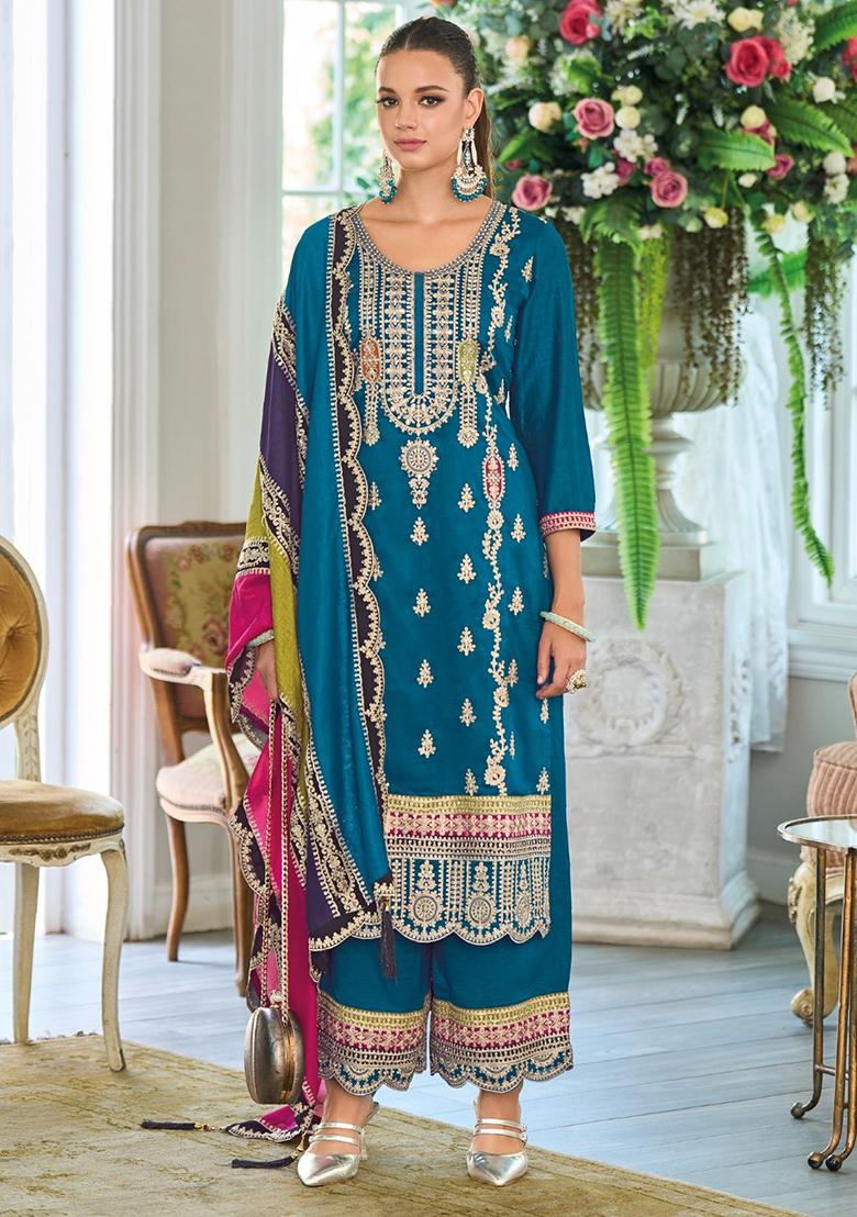 Teal Embroidered Silk Salwar Suit - Indya