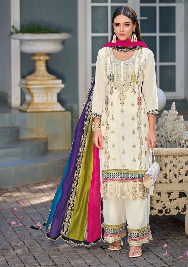 White Embroidered Silk Blend Pakistani Suit Set - Indya