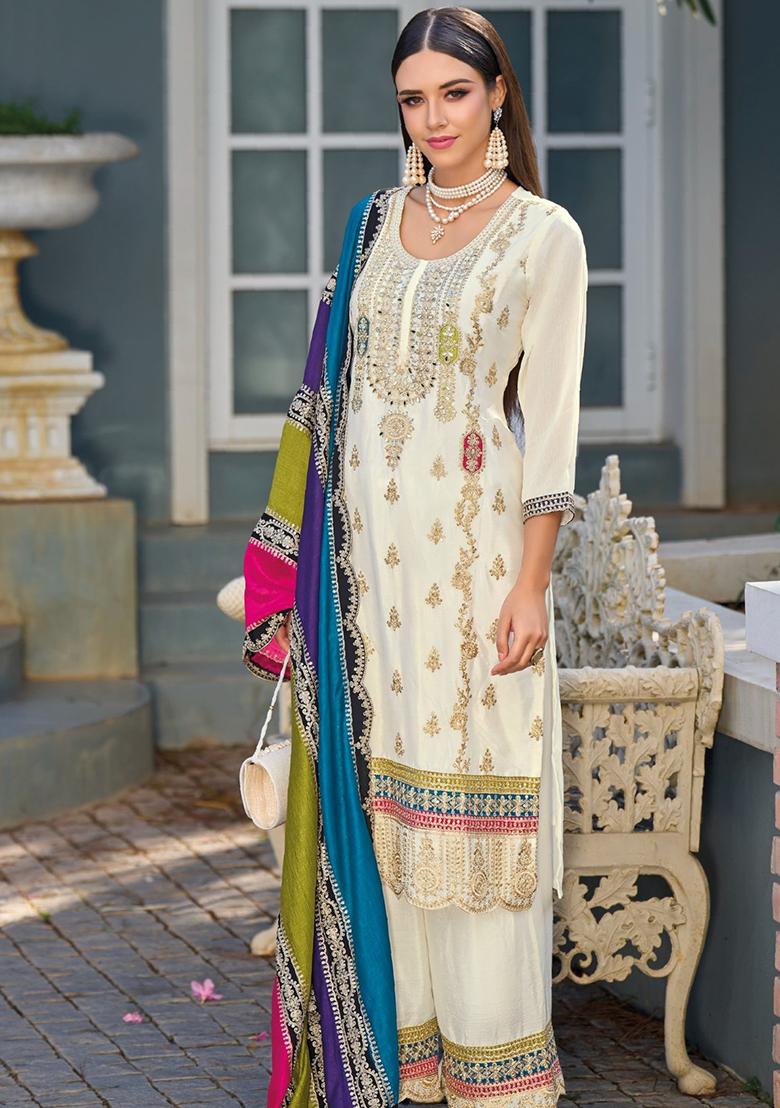 White Embroidered Silk Salwar Suit - Indya