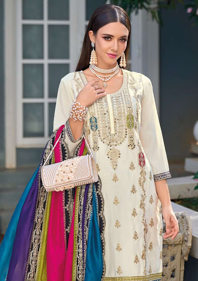 White Embroidered Silk Blend Pakistani Suit Set - Indya