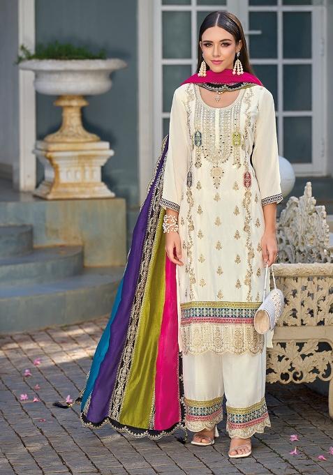 White Embroidered Silk Salwar Suit