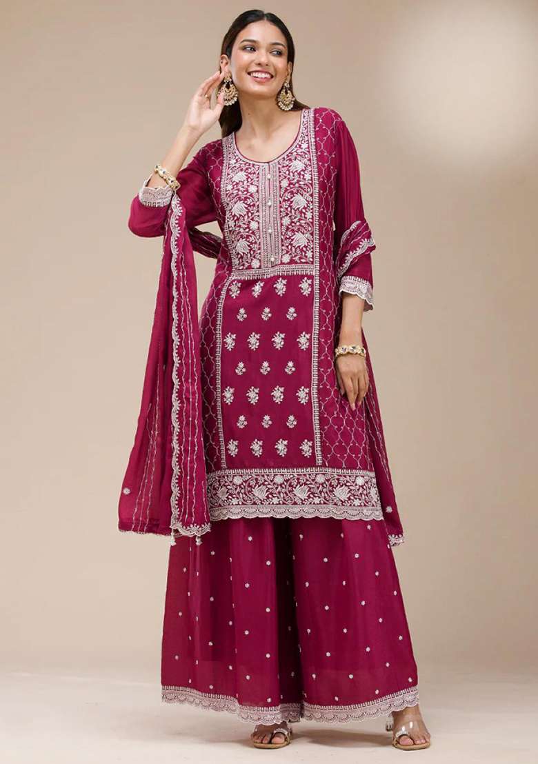 Maroon Embroidered Georgette Sharara Set - Indya