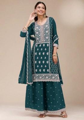 Teal Blue Embroidery Georgette Salwar Suit