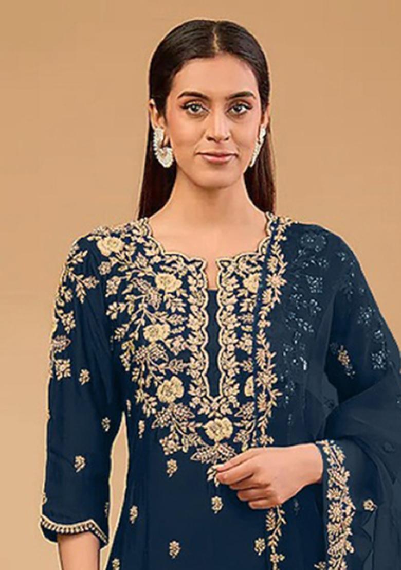 Navy Blue Embroidery Silk Salwar Suit - Indya