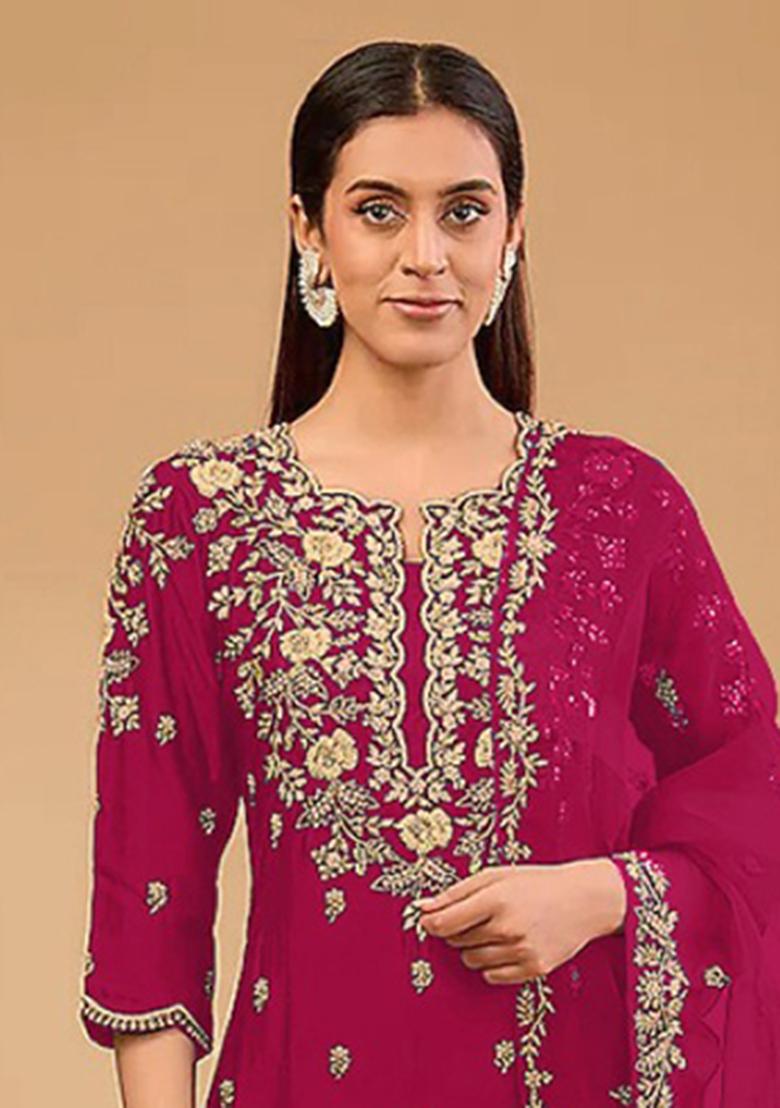 Maroon Embroidery Silk Salwar Suit - Indya