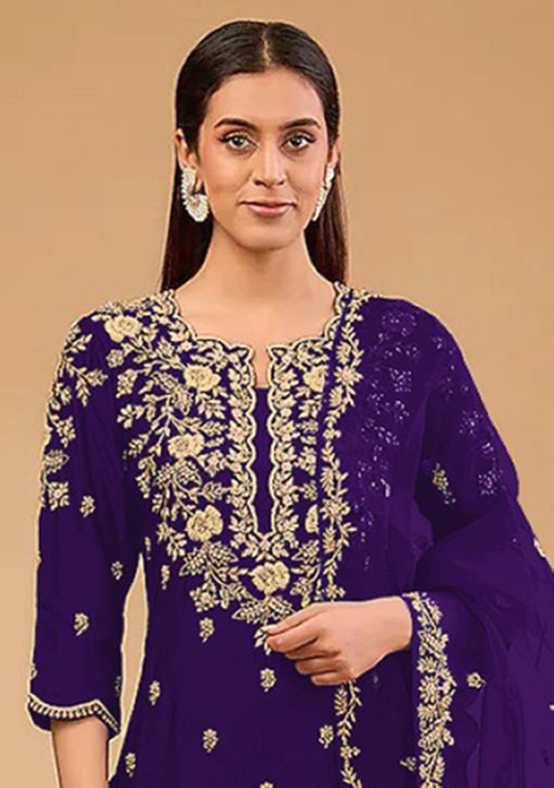 Dark Blue Embroidery Silk Salwar Suit - Indya