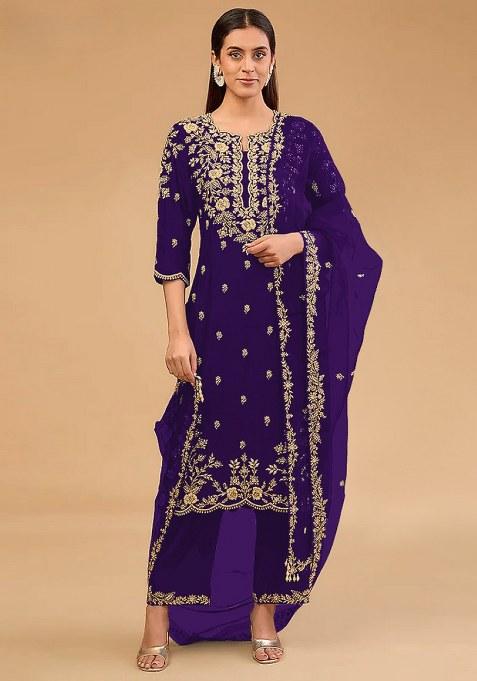 Dark Blue Embroidery Silk Salwar Suit