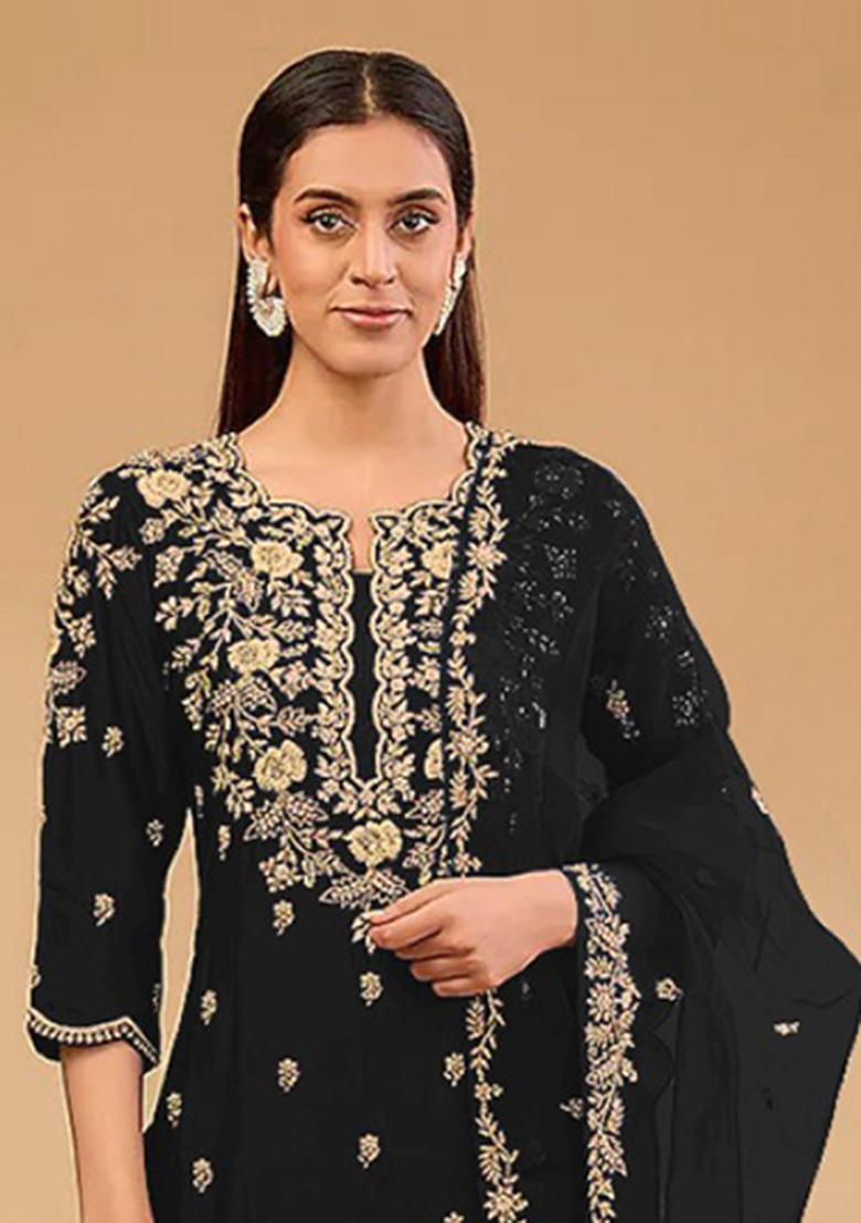 Black Embroidery Silk Salwar Suit - Indya