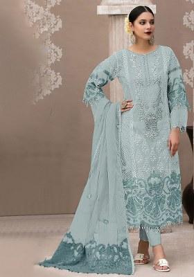 Sky Blue Embroidery Organza Salwar Suit