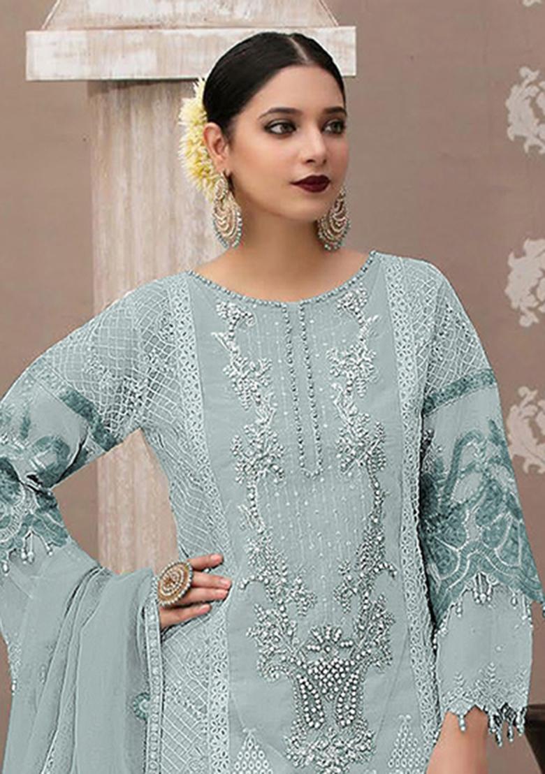 Sky Blue Embroidery Organza Salwar Suit - Indya