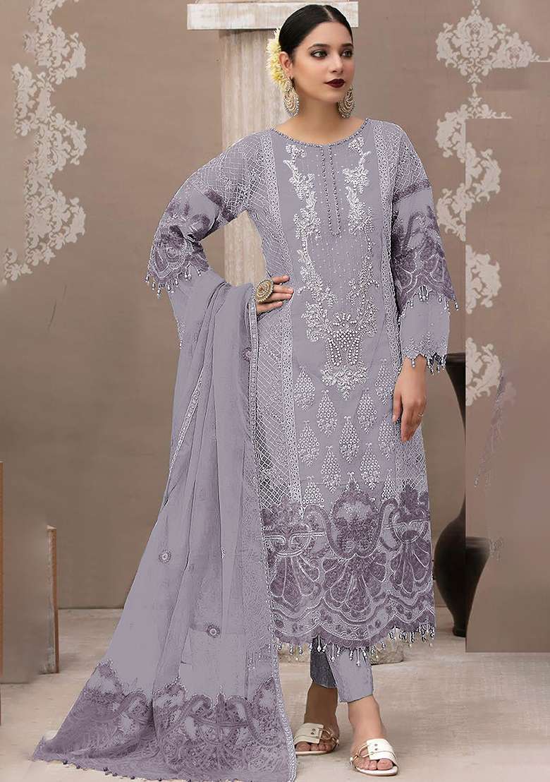 Lavender Embroidered Organza Pakistani Suit Set - Indya