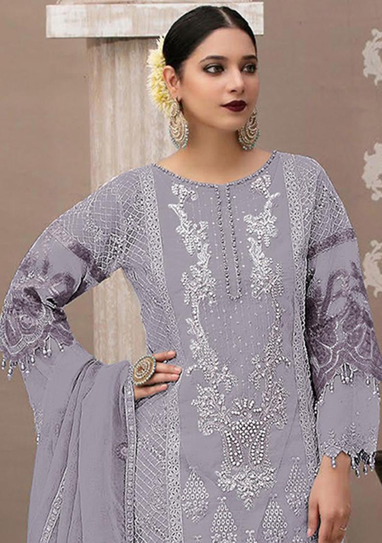Lavender Embroidery Organza Salwar Suit - Indya