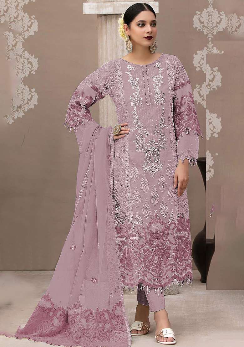 Purple Embroidered Organza Pakistani Suit Set - Indya