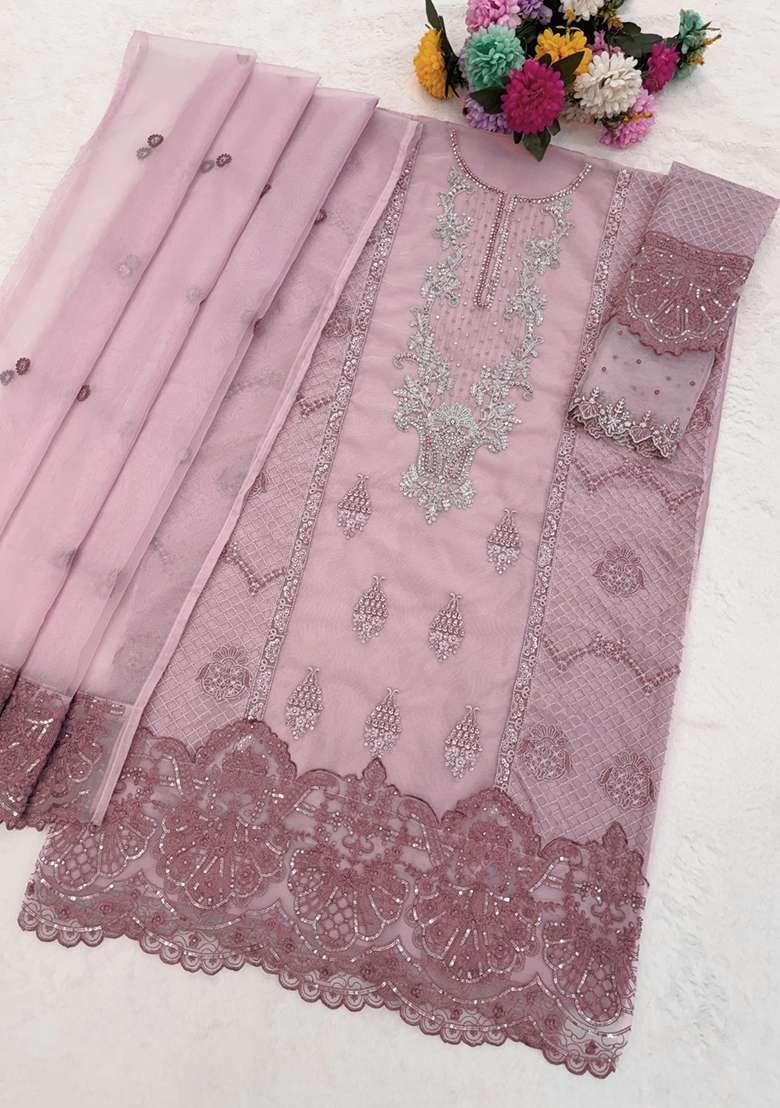 Purple Embroidered Organza Pakistani Suit Set - Indya
