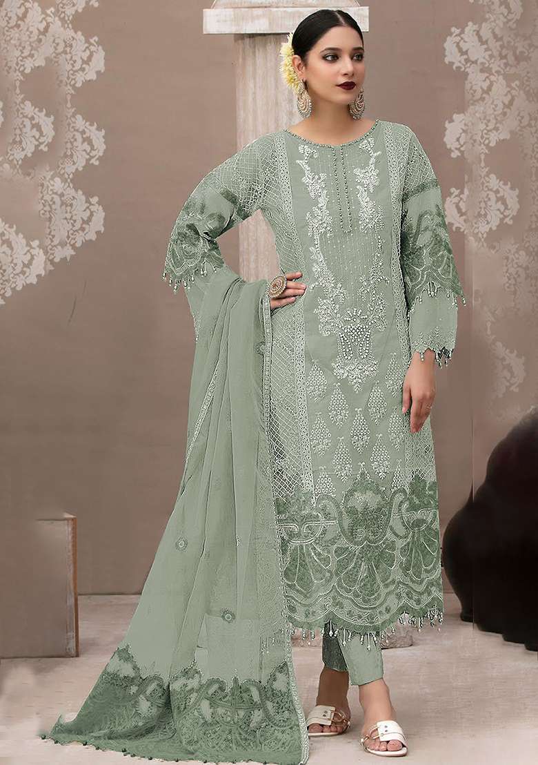 Light Green Embroidered Organza Pakistani Suit Set - Indya