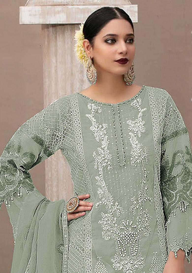 Light Green Embroidery Organza Salwar Suit - Indya
