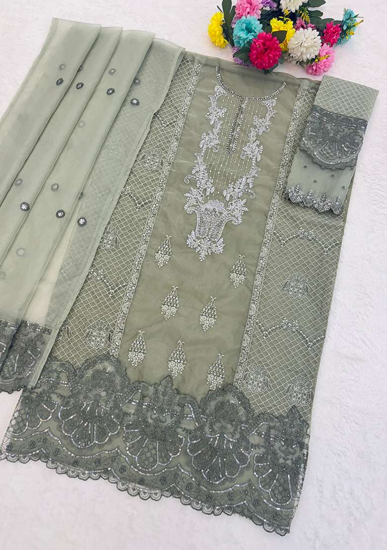 Light Green Embroidered Organza Pakistani Suit Set - Indya