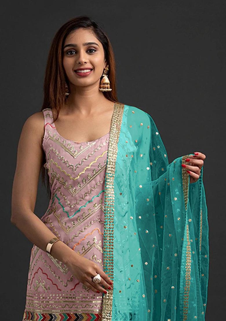 Peach Embroidery Georgette Salwar Suit - Indya