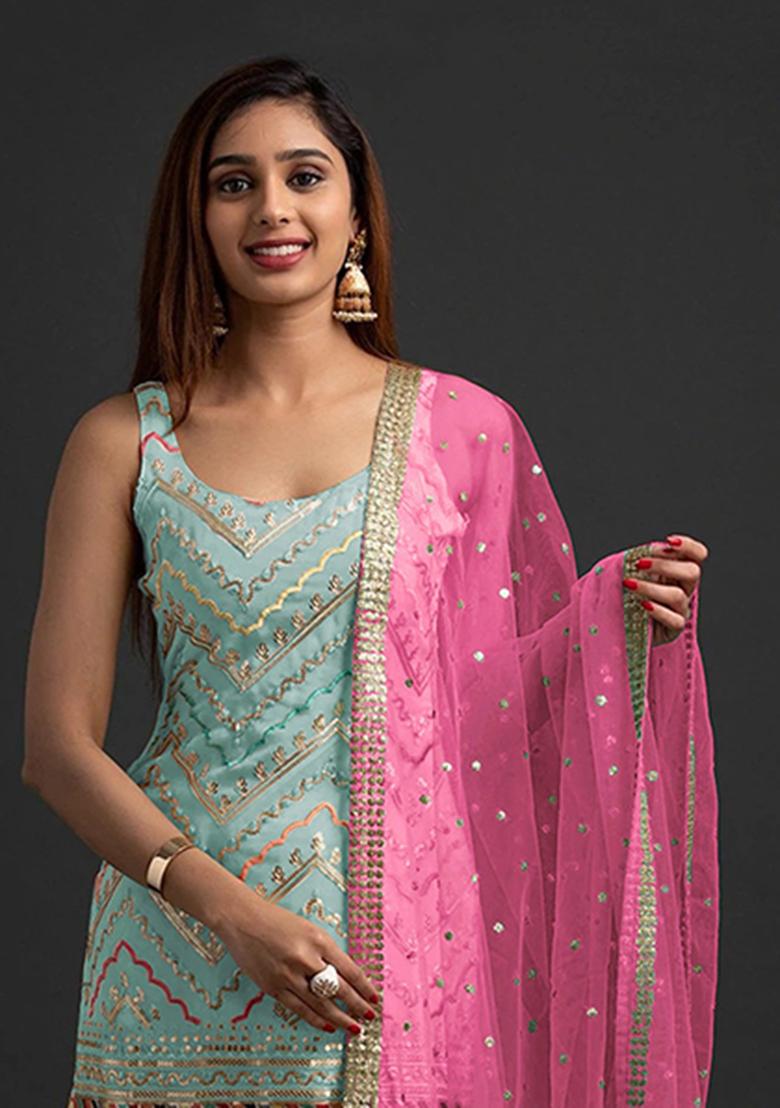 Sky Blue Embroidery Georgette Salwar Suit - Indya
