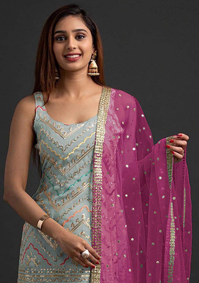 Sea Green Embroidery Georgette Salwar Suit - Indya