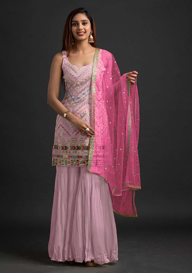 Baby Pink Embroidery Georgette Salwar Suit - Indya