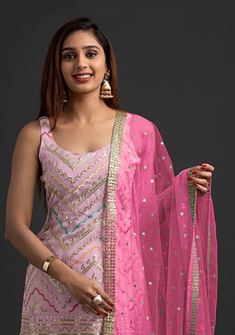 Baby Pink Embroidery Georgette Salwar Suit - Indya