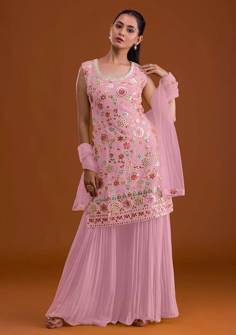 Pink Embroidered Georgette Sharara Set - Indya