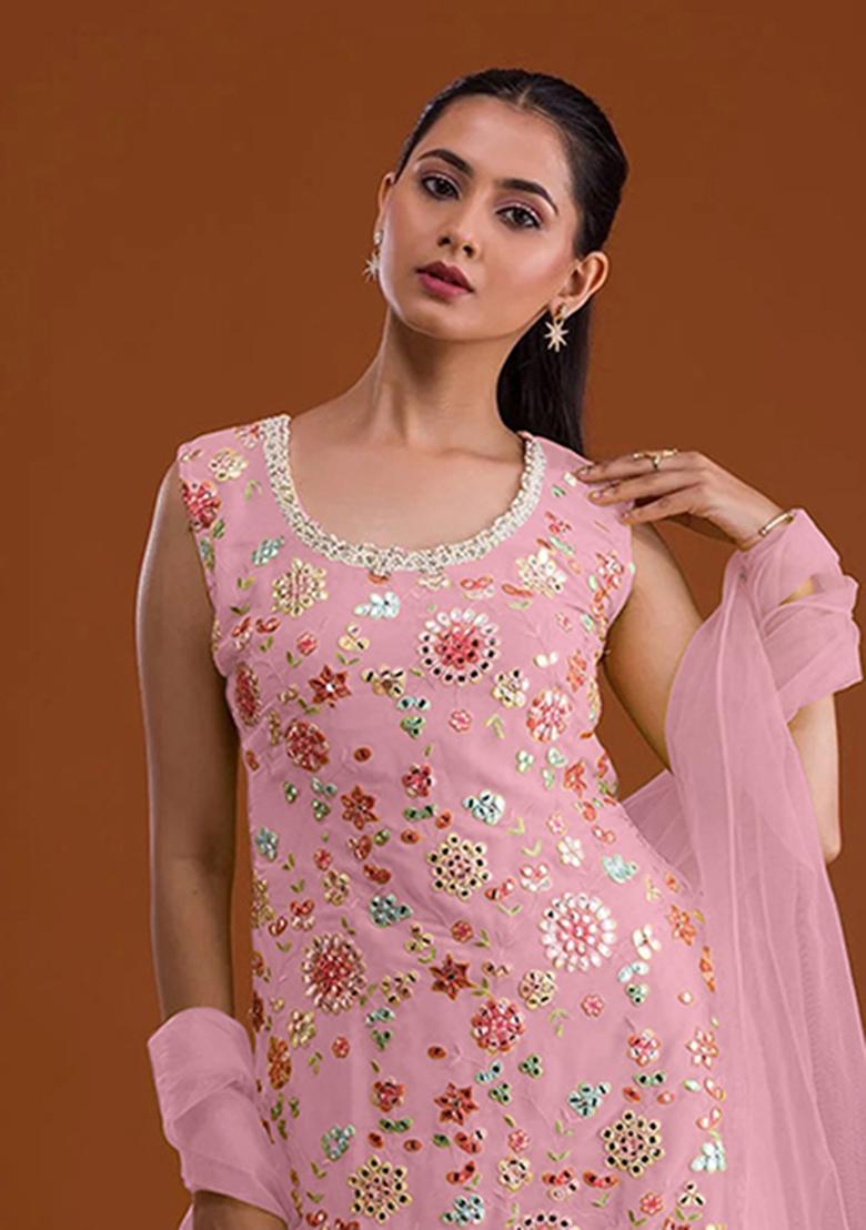 Pink Embroidery Georgette Salwar Suit - Indya