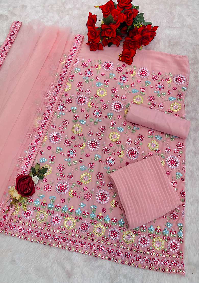 Pink Embroidered Georgette Sharara Set - Indya