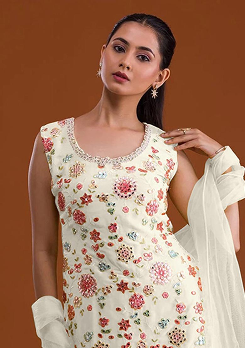 White Embroidery Georgette Salwar Suit - Indya