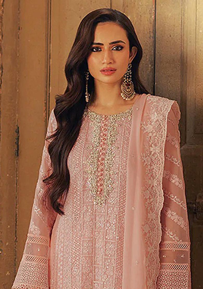 Pink Thread Work Georgette Salwar Suit - Indya
