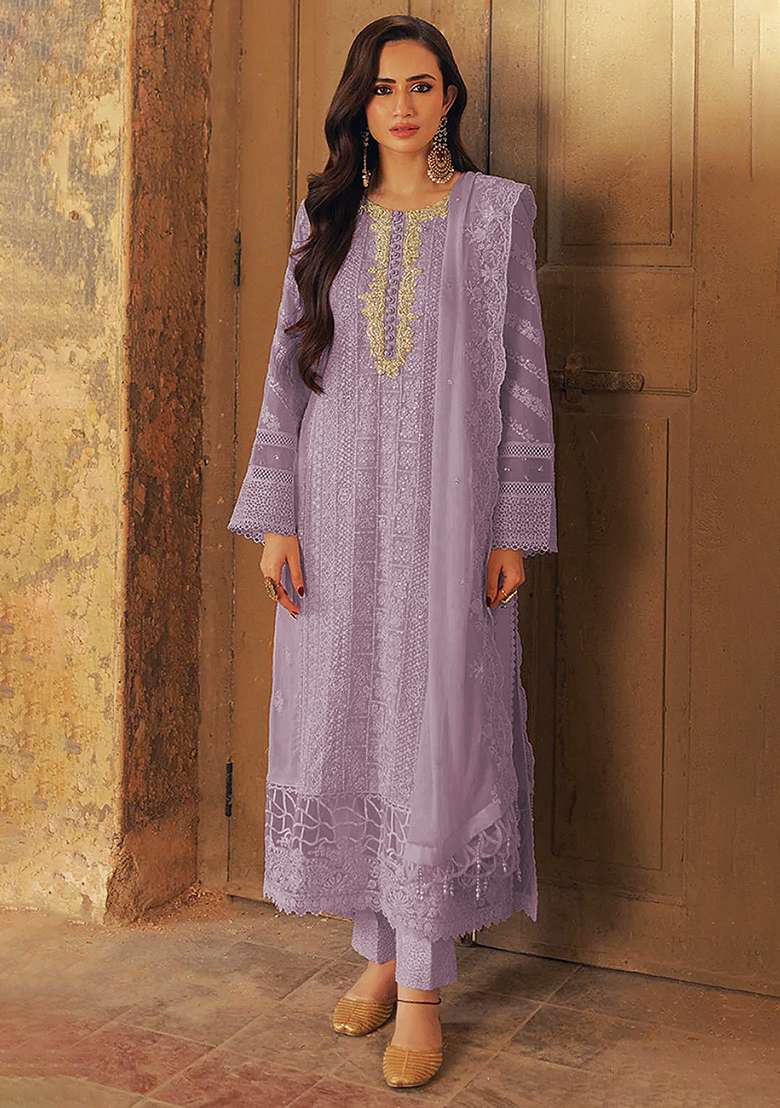 Lavender Chikankari Georgette Pakistani Suit Set - Indya