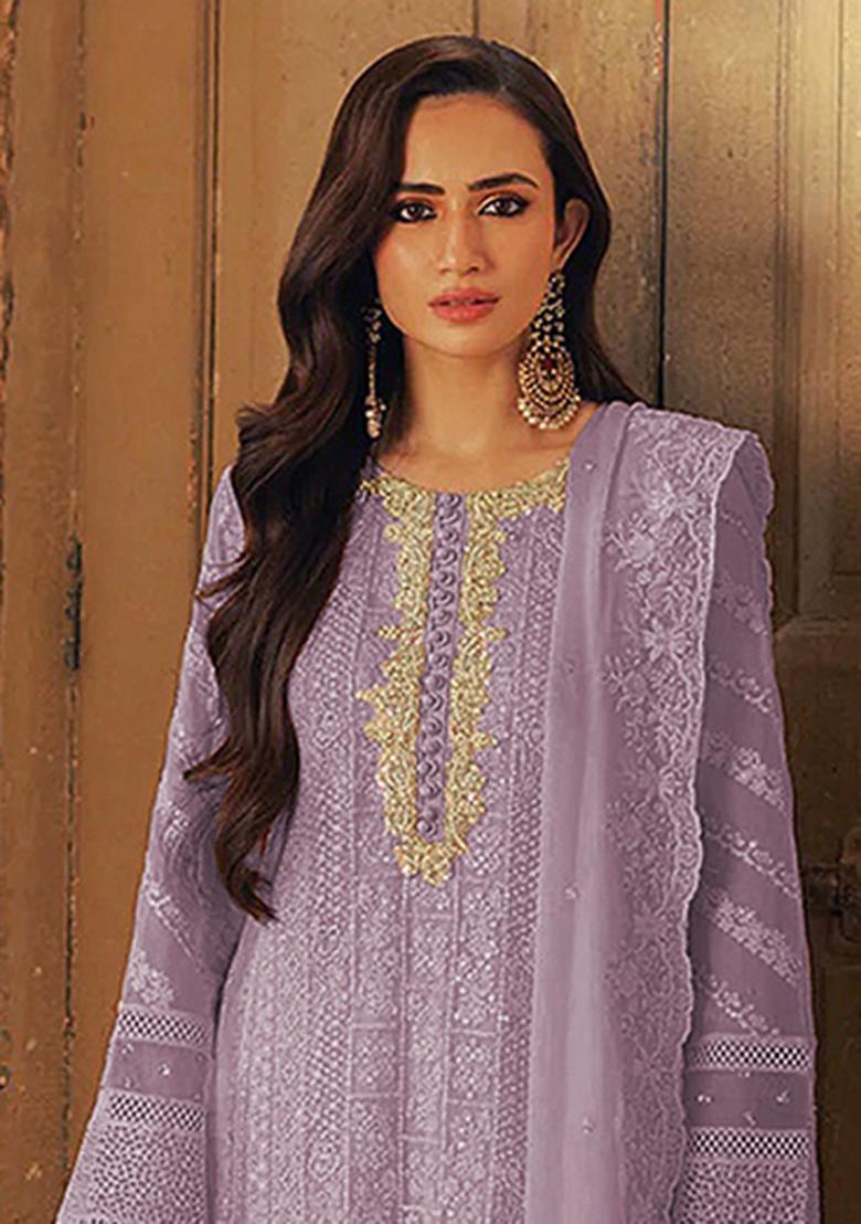 Lavender Thread Work Georgette Salwar Suit - Indya