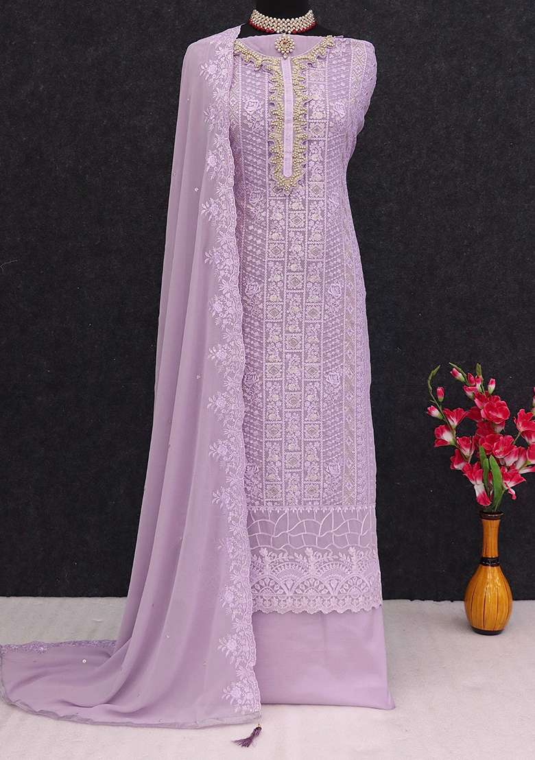 Lavender Chikankari Georgette Pakistani Suit Set - Indya