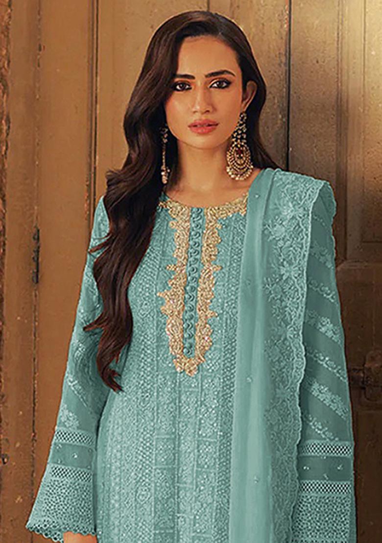 Blue Thread Work Georgette Salwar Suit - Indya