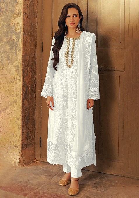 White Thread Work Georgette Salwar Suit